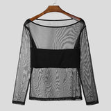 AIDASE  -  Men Off Shoulder Mesh Long Sleeve T Shirt See Through Slim Fit Muscle Tee Nightclub Party Stretch Bodycon Top aidase-shop
