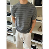 AIDASE  -  Men Crew Neck Striped Knit Short Sleeve T Shirt Loose Old Money Style Breathable Casual Summer Basic Top aidase-shop