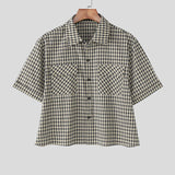 AIDASE  -  Men Plaid Shirt Lapel Short Sleeve Pockets Korean Style Men Clothing Summer Loose 2025 Streetwear Causal Male Crop Tops aidase-shop