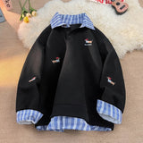Aidase Plaid Patchwork Fake Two Sweatshirt College Style Puppy Embroidery POLO Collar Sweatshirt Men Women Loose Pullover Tops