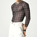 Aidase Plaid Print Mesh T Shirts Men Slim Fit Long Seeve O-neck Tee Tops Summer Casual Mens Perspective Tight T-shirt Streetwear