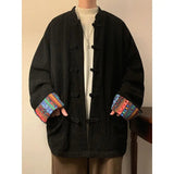 AIDASE  -  Splicing Button Up Shirt Men's Chinese Style Stand Collar Corduroy Jacket Men's Spring Autumn Casual Rolled Edge Tunic Jacket aidase-shop