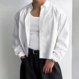 AIDASE  -  Tops 2025 Korean Style Men's Casual Simple Striped Cropped Shirt Fashion Streetwear Male Hot Selling Long Sleeved Blouse