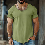 AIDASE  -  Men's Vintage Washed Frayed Edge Soft T-Shirt Casual Deep U-Neck Irregular Hem Short Sleeve Tee Loose Fit Streetwear Summer Tops aidase-shop