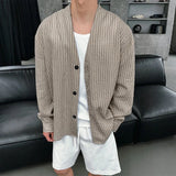AIDASE  -  Men Shirt Striped V Neck Long Sleeve Button Casual Men Clothing Streetwear Loose Korean Style Tops Fashion Male Shirts aidase-shop