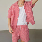 AIDASE  -  Men Plaid Sets Summer Vacation Streetwear Lapel Short Sleeve Shirt & Shorts 2PCS 2025 Loose Fashion Men's Casual Suits aidase-shop