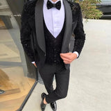 AIDASE  -  Black Men Suits 3 Pieces Shiny Blazer Vest Pants One Shoulder Sheer Lapel Sequins Tuxedo Wedding Formal Work Causal Customized aidase-shop