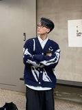 Aidase Men's Clothing V Neck Blue Cardigan Graphic Knit Sweater Male New Aesthetic Meme Maletry Large Big Size Korean Fashion aidase-shop