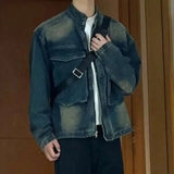AIDASE  -  Spring Autumn New Men's Tide Punk Short Denim Jackets Loose Large Pockets Stand Collar Casual Zipper Top Trendy Coat aidase-shop