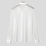 AIDASE  -  Men Shirt Mesh See Through Striped Lapel Long Sleeve Men Clothing Sexy Streetwear Party Fashion Tops Male Shirts aidase-shop