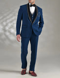 AIDASE  -  Men's Suit 3 Pieces Navy Blazer Vest Pants One Button Sequins Sheer Satin Lapel Business Wedding Groom Tailored Costume Homme aidase-shop