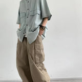 Aidase Japanese Trendy Set Mens Retro Simplicity Light Blue Denim Shirt+Multi Pocket Wide Leg Cargo Pants 2-pcs Street Harajuku Suit aidase-shop