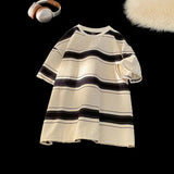 AIDASE  -  Color Blocking Striped T-shirt Men's Heavyweight Cotton Short Sleeved Tee Loose O-neck Base Shirt Summer American Couple Tops aidase-shop