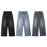 AIDASE  -  Vintage High Street Straight Jeans Men Half Elastic Waist  Loose Washed Denim Pants Four Seasons Fashion Wide-leg Trousers aidase-shop