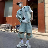 AIDASE  -  Summer New Men Tide Punk Vintage Style Washed Denim Vest Torn Shorts Set Hip Hop Trend High Street Sleeveless Jacket