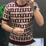 Aidase Diamond Check Contrast Knit T-Shirt High Elasticity Short Sleeve Slim Bottomed Tshirt Men Top Quality Streetwear Knitted Top aidase-shop