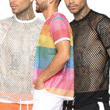 Aidase Men Mesh See Through T-Shirt Fishnet Hollow Clubwear Streetwear Perform Male Short Sleeve Undershirt Top Tee 5XL Sexy Rainbow aidase-shop