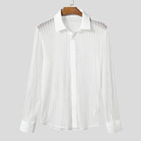 AIDASE  -  Men Shirt Mesh See Through Striped Lapel Long Sleeve Men Clothing Sexy Streetwear Party Fashion Tops Male Shirts aidase-shop