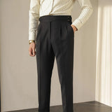 AIDASE  -  Paris Buckle Men's Suit Pants High Waist Slim Fit British Style Vintage Business Casual Straight Leg High Rise Long Trousers aidase-shop