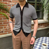 Aidase Summer Men Knit Polo Shirts Fashion Simple Plaid Knitted Sweater Vintage Short sleeve Button Cardigan Business Casual Knitwear