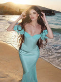 AIDASE  -  Solid Satin Patchwork Fishtail Maxi Dress Women Sexy V Neck Short Sleeved Backless Dresses 2025 Summer New Beach Holiday Vestido aidase-shop