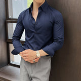 Aidase Men's New Long Sleeve Dark Stripes, Business Casual Lapels Top, Navy Blue Gentleman Banquet Shirt, Non-Ironing Treatment aidase-shop