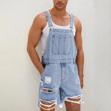 AIDASE  -  Fashion Hole Ripped Jeans Men Jumpsuit Denim Shorts Summer Vintage Frayed Bodysuits Overalls Strap Short Pants Streetwear Male aidase-shop