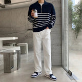 AIDASE  -  Autumn Turn-down Collar Long-sleeved Sweater for Men, Korean Style Loose Retro Casual Half-zip Striped Knitted Shirt Top M-2XL aidase-shop