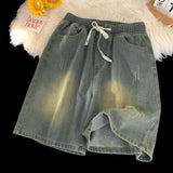 Aidase Men Summer Hip Hop Ripped Hole Denim Shorts Punk Washed Vintage Raw Edge Shorts Denim Streetwear Five-Minute Shorts