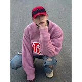 33.38Aidase Korean Personalized Retro Letter Printed College Student Sweater Men's Salt Style American Y2K Wear Round Neck Street Sweater aidase-shop