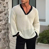 AIDASE  -  Men T Shirt Patchwork Hollow Out See Through Sexy Male Tee Tops Loose V Neck Long Sleeve Fashion Streetwear Men Clothing