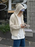 Aidase Cut-out Hooded Knit Men Women Korean Breathable Casual Zip-up Tops Slouchystyle Loose Thin Cardigan Sweater Couples Unisex Coat aidase-shop