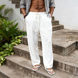 AIDASE  -  Men's Casual Solid Color Linen Feel Drawstring Wide Leg Pants Beach Trousers aidase-shop
