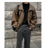 Aidase American Casual Trendy PU Leather Men's Jacket Autumn New Loose Solid Color Stand Collar Male Tops Korea Fashion
