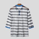 AIDASE  -  Men Shirt Striped Patchwork See Through Lapel Half Sleeve Hollow Out Male Shirts Streetwear Tops Fashion Men Clothing aidase-shop