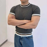 AIDASE  -  Light Luxury Ice Silk Knitted Contrast Color Round Neck Pullover Men's T-shirt Business Gentleman Male Tops aidase-shop