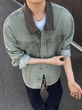 AIDASE  -  Casual Long Sleeve Leather Collar Outerwear Men Vintage Patchwork Buttoned Lapel Denim Coats Mens Spring Fall Fashion Outerwear aidase-shop