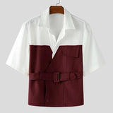 AIDASE  -  Men Shirt Patchwork Lapel Short Sleeve Lace Up Casual Men Clothing With Belt Streetwear 2025 Fashion Male Shirts Tops aidase-shop