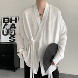 AIDASE  -  Spring New Jacquard Long Sleeved Design Loose Men's Shirt Solid Color V-neck Solid Color Male Tops aidase-shop