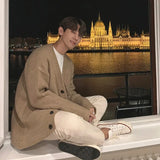 Aidase Korean Style Loose Knitted Cardigan Mens Sweater Jacket Autumn Winter Thick Casual Outerwear Khaki Sweater Button Up Knit Top