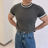 AIDASE  -  Light Luxury Ice Silk Knitted Contrast Color Round Neck Pullover Men's T-shirt Business Gentleman Male Tops aidase-shop