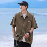 Aidase Summer Lapel Retro All-Match Shirt Men Big Pocket Design Versatile Shirts Loose Suit Solid Color Half-Sleeve High Quality Blouse aidase-shop
