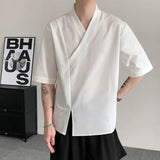 AIDASE  -  New Chinese Style Men Shirt Summer V-neck Short Sleeve Breathable Design Solid Color Casual Male Clothing 21E5869 aidase-shop