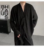 AIDASE  -  Spring New Jacquard Long Sleeved Design Loose Men's Shirt Solid Color V-neck Solid Color Male Tops aidase-shop