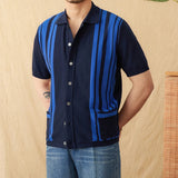 AIDASE  -  Versatile Men Shirt Striped Spliced Decoration Breathable Short Sleeved Knitted Cardigan Design Casual Clothing aidase-shop