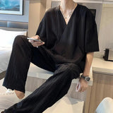 AIDASE  -  Korean Style Fashion Ice Silk Sports Suit Men's Large Size V-neck Short-sleeved T-shirt Trousers British Handsome Two-piece Set aidase-shop