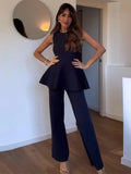 AIDASE  -  Ruffle Top Pant Sets Women Elegant Dark Blue O-neck Sleeveless Top High Waist Wide Leg Pants Female Suit 2025 Chic Lady Outfits