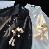 AIDASE  -  Little Bear Decoration Men's Shirt Japanese Solid Color Shorts Sleeve Shirt Summer Loose Casual Male Clothing aidase-shop