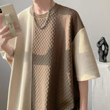 AIDASE  -  Summer Men's Plaid Short Sleeved T-shirt Contrasting Patchwork Retro Top Loose Casual Round Neck Male Pullover aidase-shop