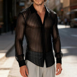 AIDASE  -  Men Shirt Mesh See Through Striped Lapel Long Sleeve Men Clothing Sexy Streetwear Party Fashion Tops Male Shirts aidase-shop